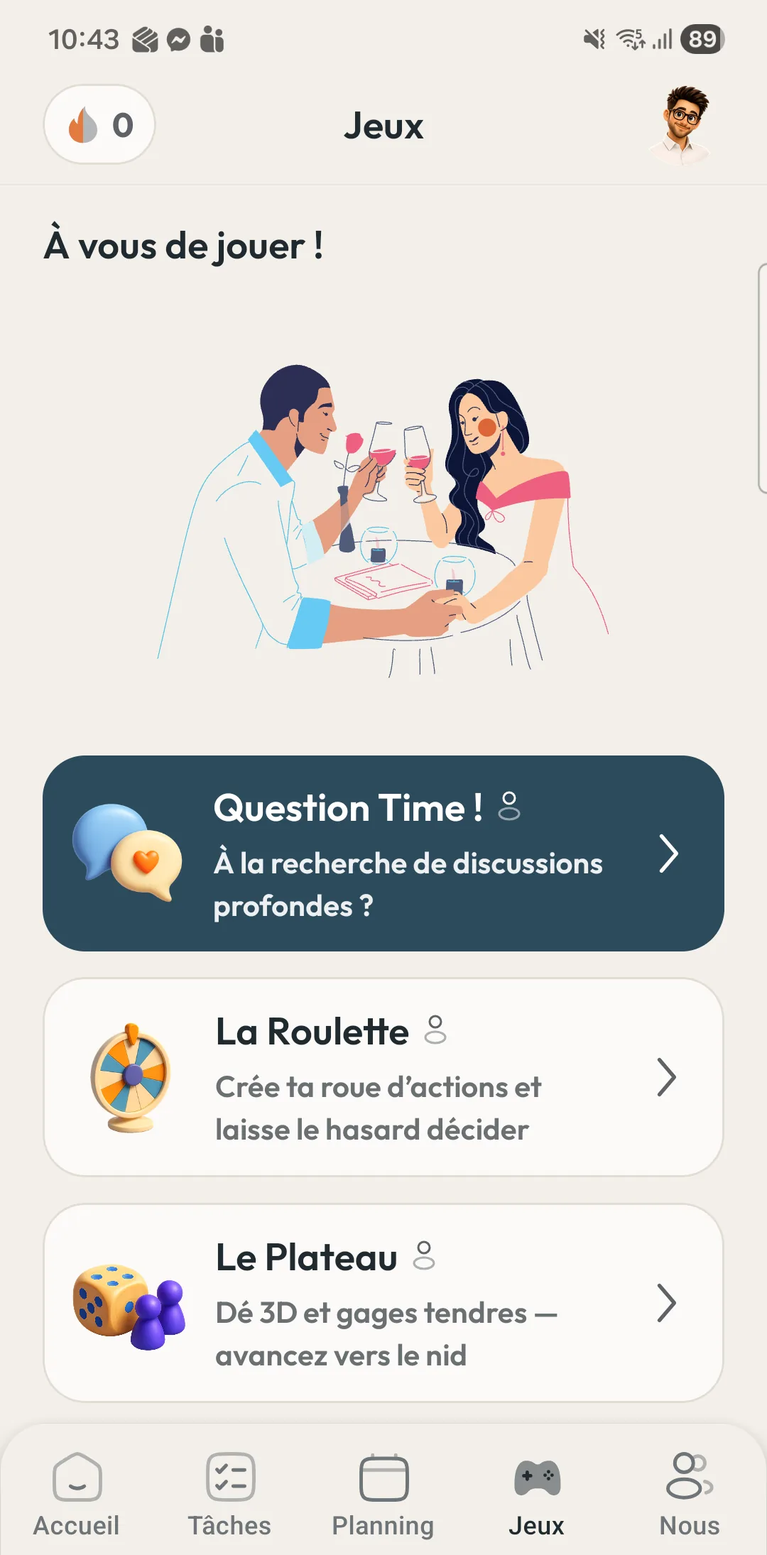 Onglet Jeux de Niidoo : Question Time, Roulette, Plateau